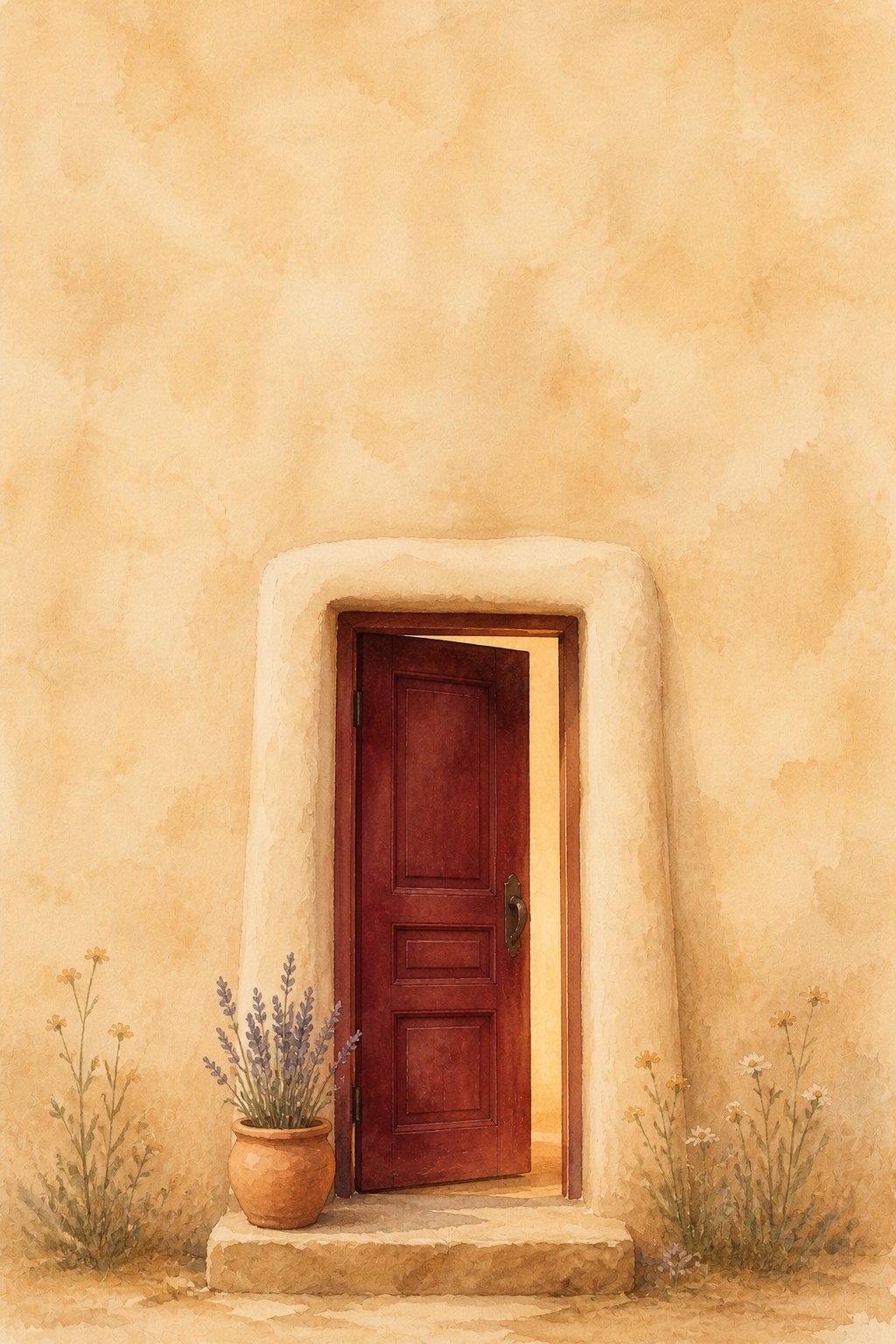 An oxblood door, slightly open, in a warm adobe wall — the threshold